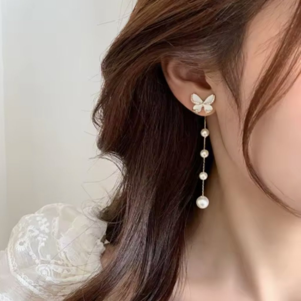 “Flutter On” Pearl Hanging 925 Sterling Silver Gold Butterfly Stud Cute Earrings
